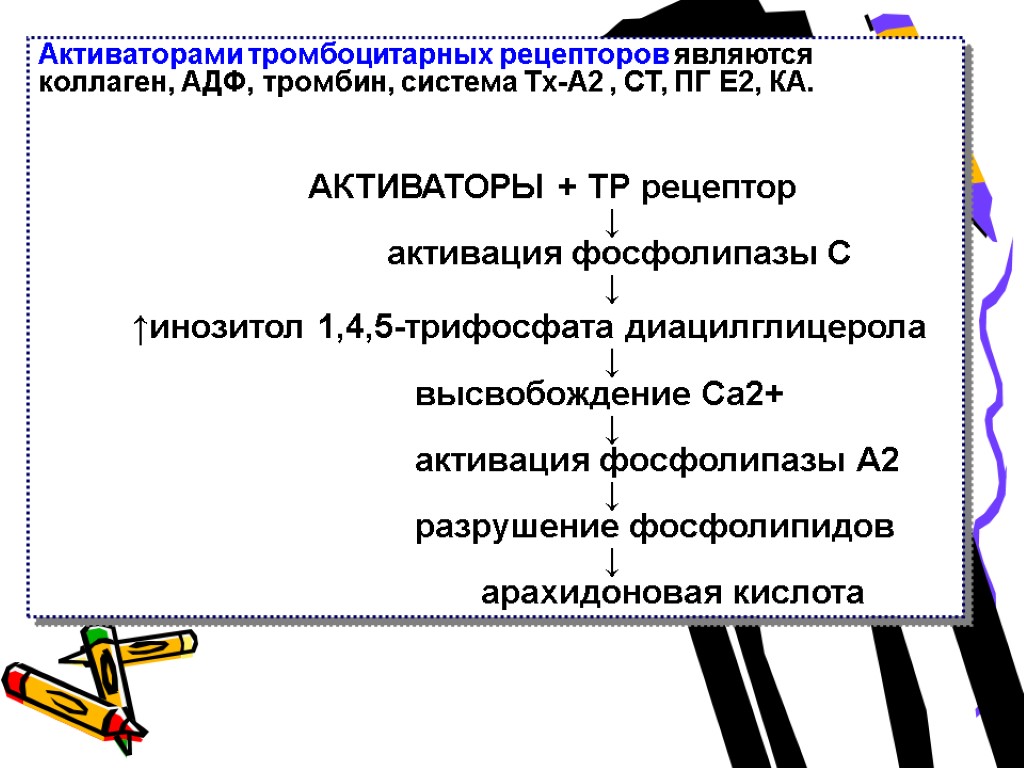 Активаторами тромбоцитарных рецепторов являются коллаген, АДФ, тромбин, система Тх-А2 , СТ, ПГ Е2, КА.